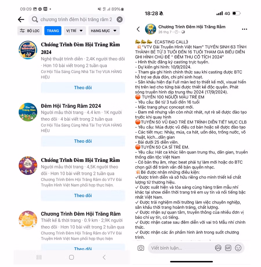 Nhiều fanpage quảng cáo chương trình 'Casting call' - VTV Đài Truyền hình Việt Nam tuyển sinh 63 tỉnh, thành với bé từ 3 đến 16 tuổi, tham gia biểu diễn ghi hình chủ đề 'Đêm Thu cổ tích 2024'.