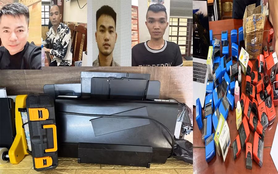 Nhóm nghi phạm và tang vật vụ án. (Ảnh: CACC)