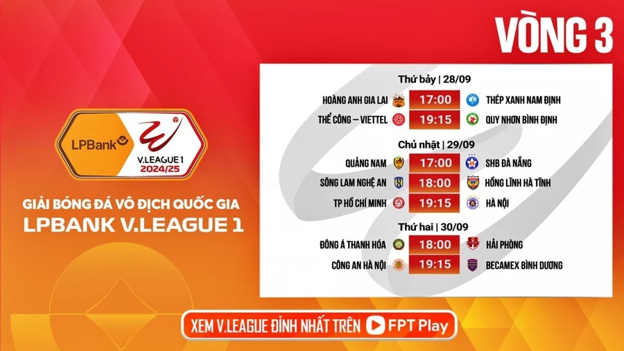 Lịch thi đấu vòng 3 V-League 2024/25.