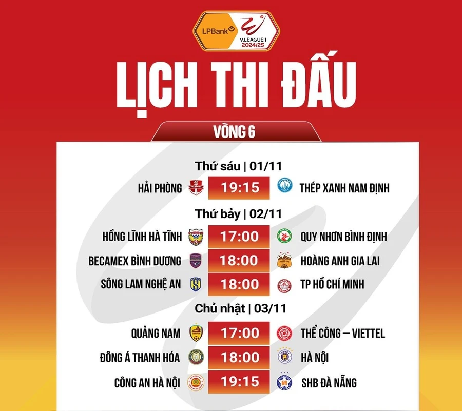 Lịch thi đấu vòng 6 V.League 2024/25.