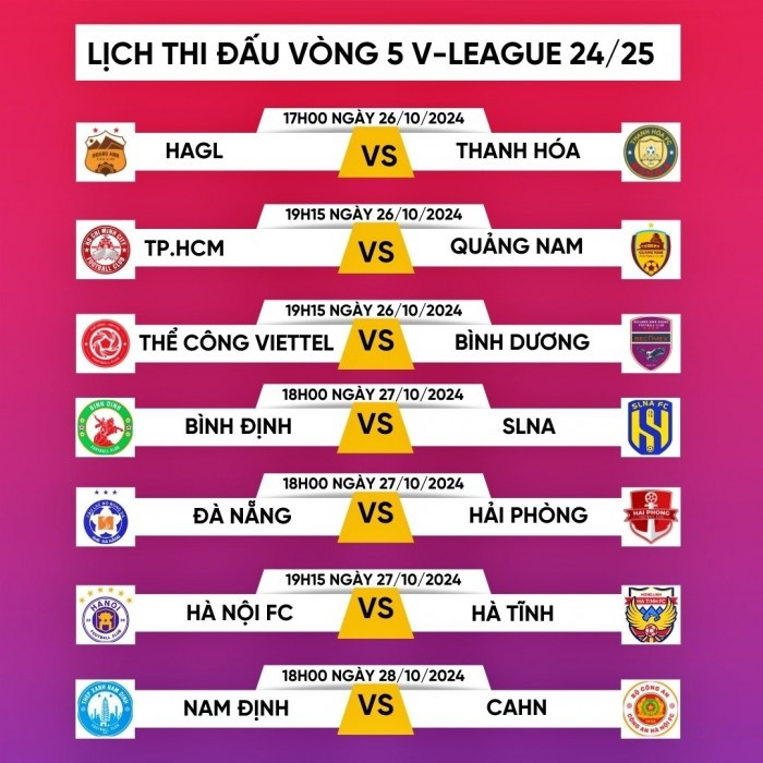 Lịch thi đấu vòng 5 V-League 2024/25.