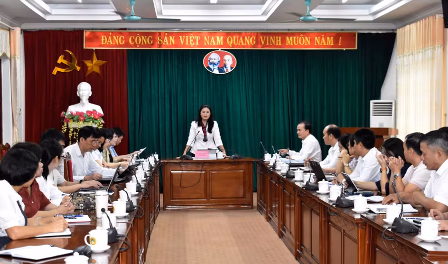 Bà Vương Ngọc Hà, Phó Chủ tịch UBND tỉnh tuyên Quang làm việc với Trường Đại học Tân Trào. (Ảnh: CTTTQ)