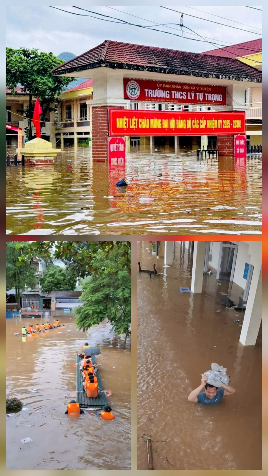 Trường THCS Lý Tự Trọng bị ngập sâu trong lũ, mất hơn 3 tiếng đồng hồ chính quyền địa phương, lực lượng quân đội mới sơ tán hết học sinh đến nơi an toàn. 1000042910.jpg