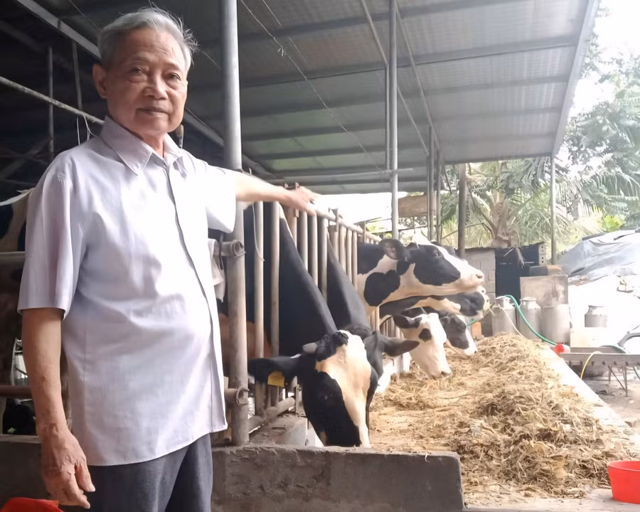 Ông Chu Văn Sâm bên trang trại bò sữa của gia đình. (Ảnh: Thiên Long)