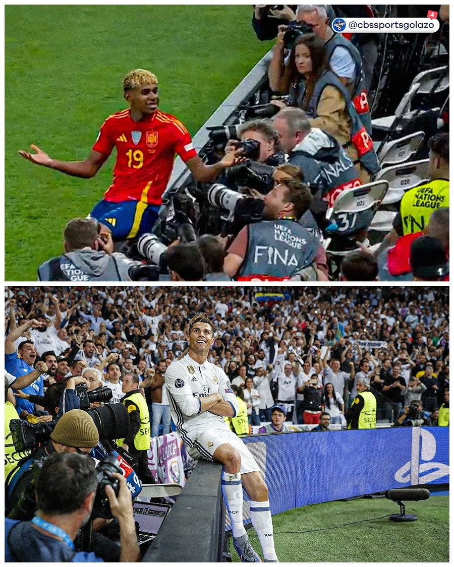 Tiền đạo cánh Yamal của tuyển Tây Ban Nha ăn mừng bàn thắng như siêu sao Cristiano Ronaldo. yamal-1.jpg