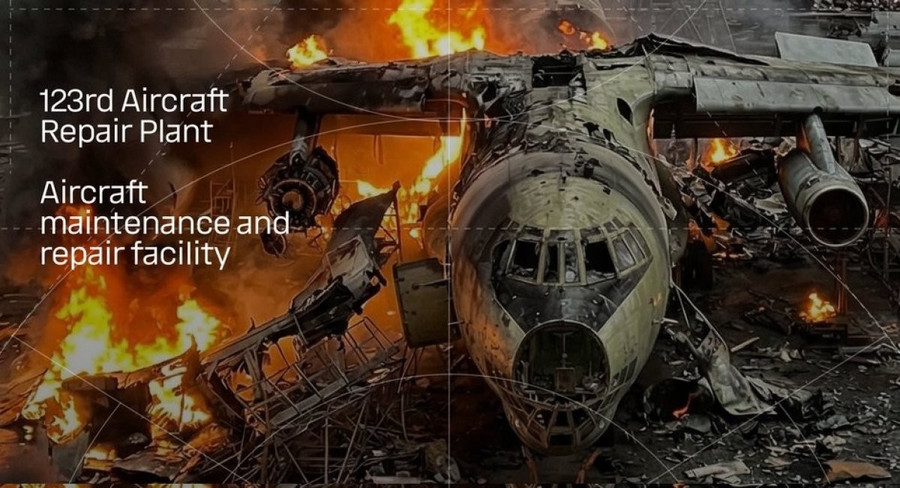 Nhà máy sửa chữa máy bay số 123 của Nga bị trúng tên lửa trong cuộc không kích của Ukraine, ngày 18/3/2026.