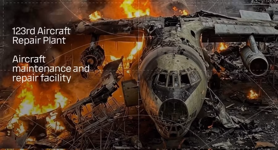 Nhà máy sửa chữa máy bay số 123 của Nga bị trúng tên lửa trong cuộc không kích của Ukraine, ngày 18/3/2026.