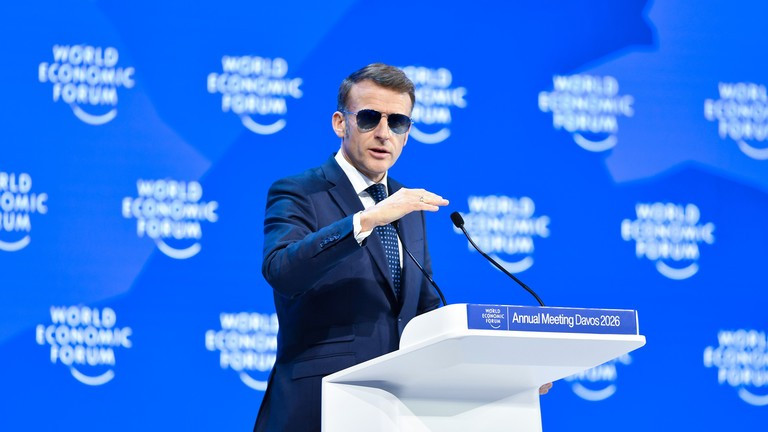 Tổng thống Pháp Emmanuel Macron phát biểu tại Diễn đàn Kinh tế Thế giới ở Davos, Thụy Sĩ, ngày 20/1/2026.