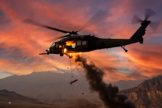 Trực thăng Black Hawk Mỹ bốc cháy sau khi trúng đòn tấn công của Iran, ngày 3/4/2026.