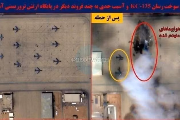 Hình ảnh vệ tinh xác nhận 3 chiến đấu cơ Mỹ tại căn cứ Prince Sultan ở Saudi Arabia bị phá hủy trong cuộc tấn công của Iran, ngày 28/3/2026.