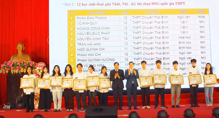 Lãnh đạo tỉnh Thái Bình trao Bằng khen của UBND tỉnh cho học sinh đoạt giải tại kỳ thi chọn học sinh giỏi quốc gia.