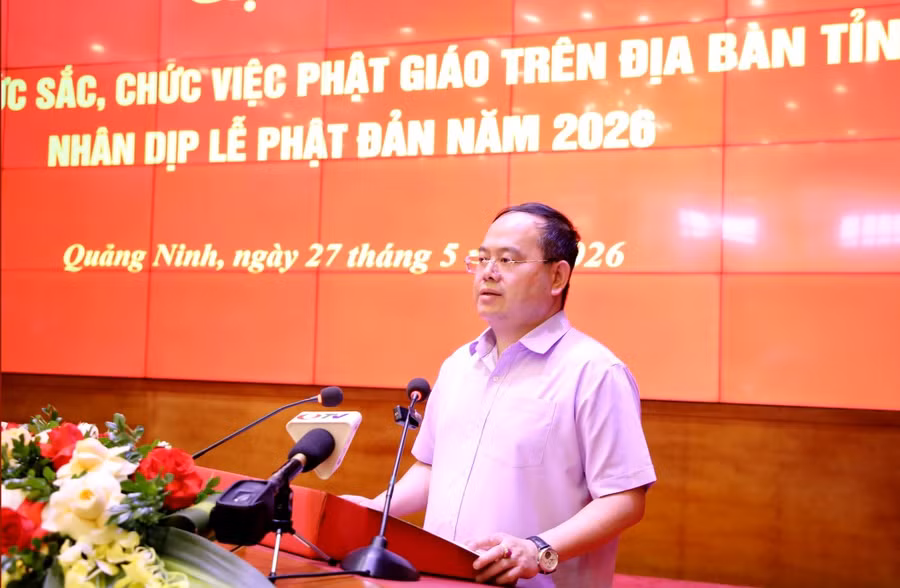 Ông Quản Minh Cường, Bí thư Tỉnh ủy Quảng Ninh phát biểu tại buổi gặp mặt.