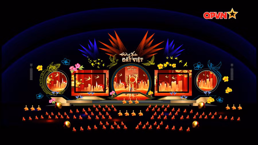 Phối cảnh sân khấu chương trình 'Đường xuân đất Việt 2026 - Hội tụ' thể hiện rõ quy mô cầu truyền hình lớn, gắn kết Hà Nội với các điểm cầu trên cả nước và quốc tế.