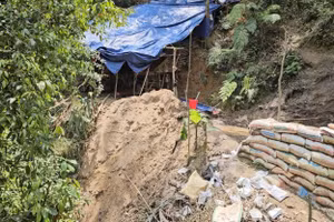 Nhóm người dựng lán khai thác vàng trái phép ở vùng núi xã Vĩnh Ô. (Ảnh: HT)