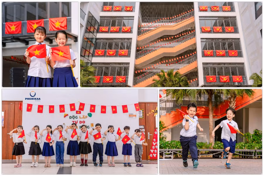 Học sinh góp tay treo cờ, gửi gắm trong từng hành động nhỏ niềm tự hào dân tộc và lòng biết ơn sâu sắc đến các thế hệ cha anh.