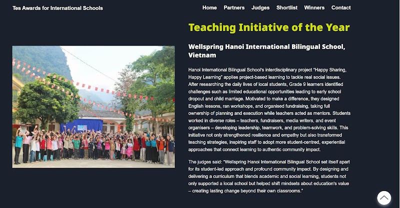 Wellspring Hanoi đạt giải thưởng hạng mục “Teaching Initiative of the Year – Sáng kiến giảng dạy xuất sắc nhất năm” tại Tes Awards for International Schools 2025.