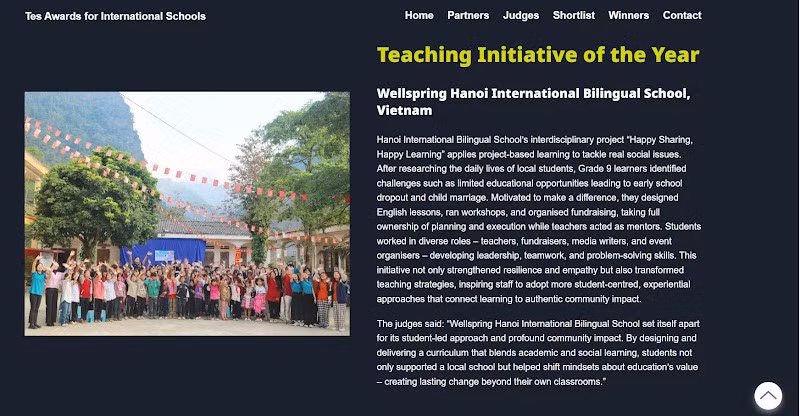 Wellspring Hanoi đạt giải thưởng hạng mục “Teaching Initiative of the Year – Sáng kiến giảng dạy xuất sắc nhất năm” tại Tes Awards for International Schools 2025.