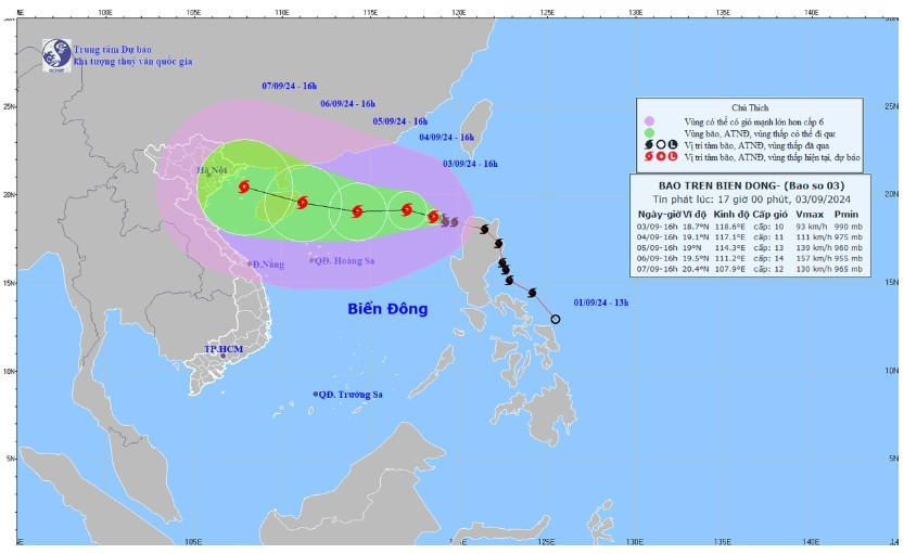 Dự báo vị trí và hướng di chuyển bão số 3 lúc 16h chiều 3/9 - Ảnh: NCHMF