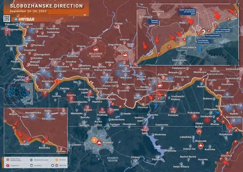 Bản đồ chiến sự Ukraine ngày 26/9/2025, hướng Slobozhanske. (Ảnh: Rybar) ban-do-chien-su-2.jpg