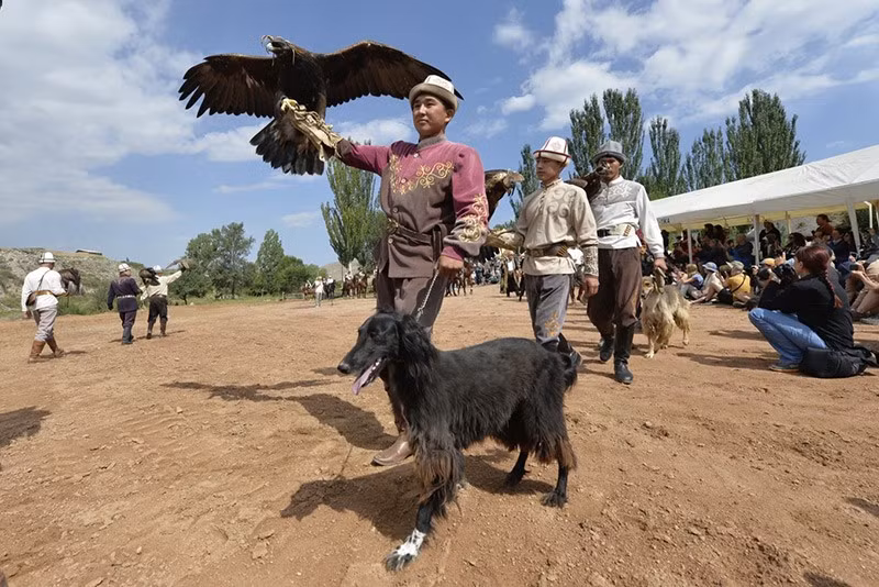 Các thợ săn Kyrgyz cùng đại bàng và chó săn Taigan tham gia lễ hội, kết hợp đầy đủ ba yếu tố của săn Salbuurun: chim săn, chó săn và cung thủ. Ảnh: AP chum-anh-le-hoi-truyen-thong-salbuurun-o-kyrgyzstan-0805-014.jpg