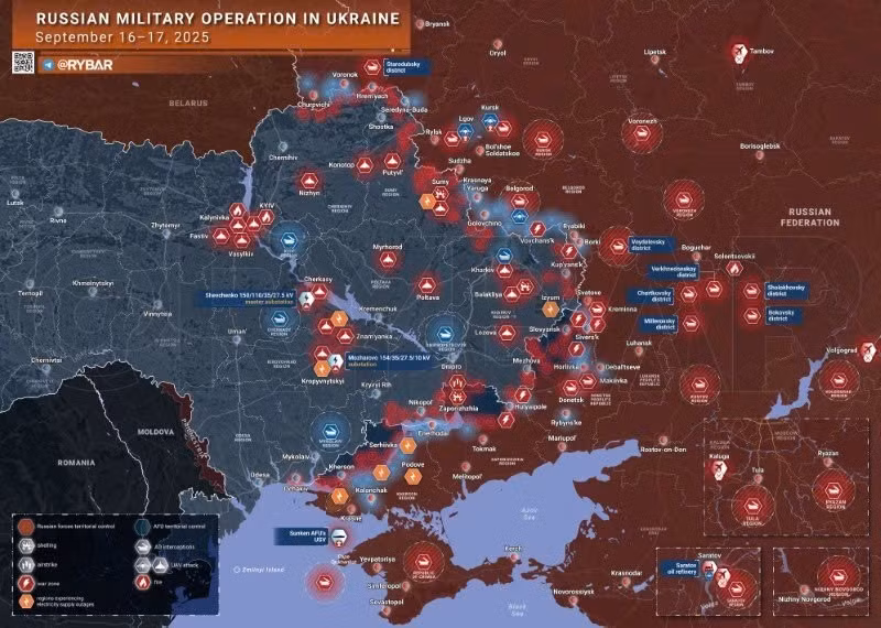 Bản đồ chiến sự Ukraine ngày 17/9/2025. (Ảnh: Rybar) ban-do-chien-su-1.jpg