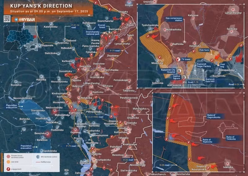 Bản đồ chiến sự Ukraine ngày 17/9/2025, hướng Kupyansk. (Ảnh: Rybar) ban-do-chien-su-2.jpg