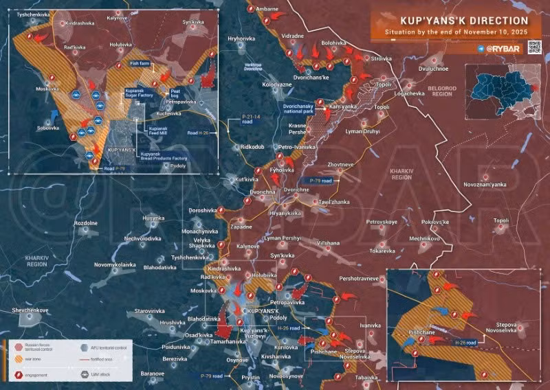 Bản đồ chiến sự Ukraine ngày 10/11/2025, hướng Kupyansk. (Ảnh: Rybar) ban-do-chien-su.jpg
