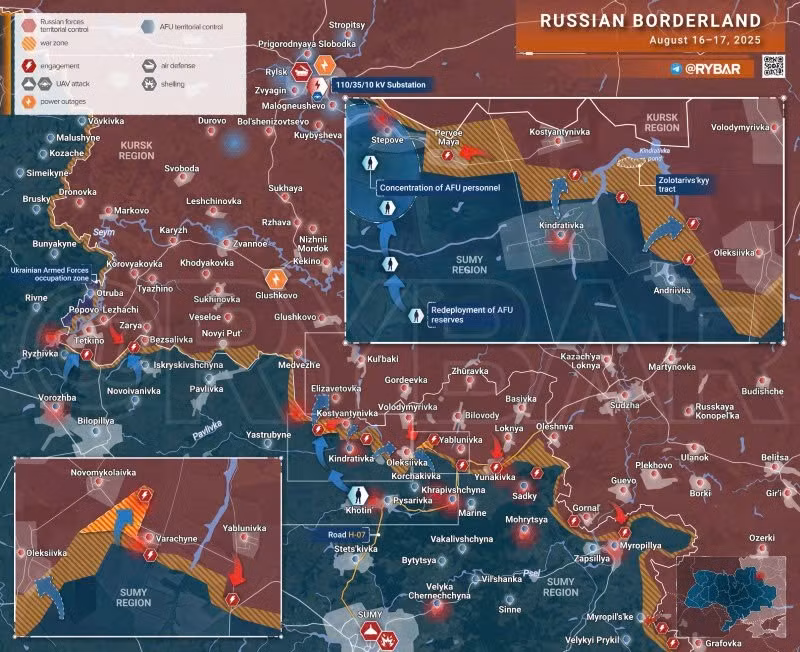 Bản đồ chiến sự Ukraine ngày 17/8/2025, khu vực biên giới Kursk. (Ảnh: Rybar) ban-do-chien-su-2.jpg