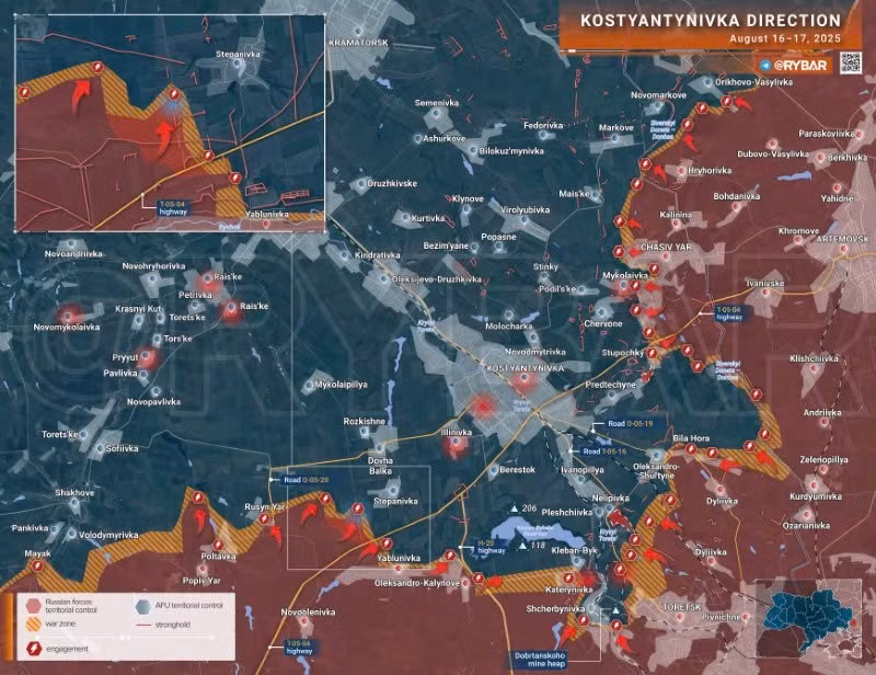 Bản đồ chiến sự Ukraine ngày 17/8/2025, hướng Kostyantynivka. (Ảnh: Rybar) ban-do-chien-su-3.jpg