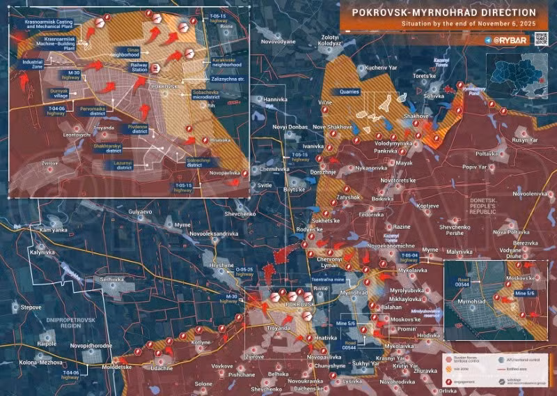 Bản đồ chiến sự Ukraine ngày 6/11/2025, hướng Pokrovsk-Myrnohrad. (Ảnh: Rybar) ban-do-chien-su-3.jpg