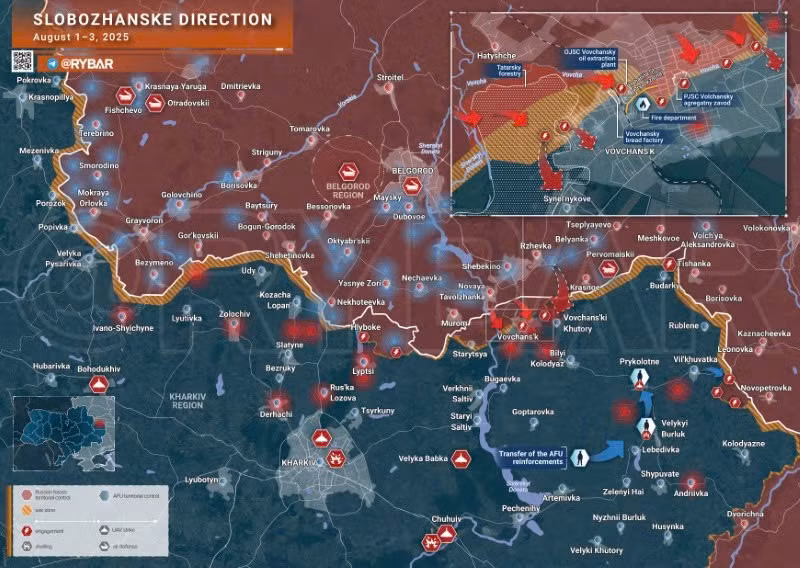 Bản đồ chiến sự Ukraine ngày 3/8/2025, hướng Slobozhanske. (Ảnh: Rybar) ban-do-chien-su-2.jpg