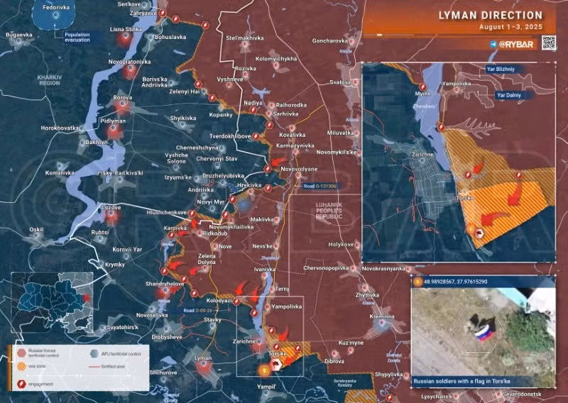 Bản đồ chiến sự Ukraine ngày 3/8/2025, hướng Lyman. (Ảnh: Rybar) ban-do-chien-su-3.jpg