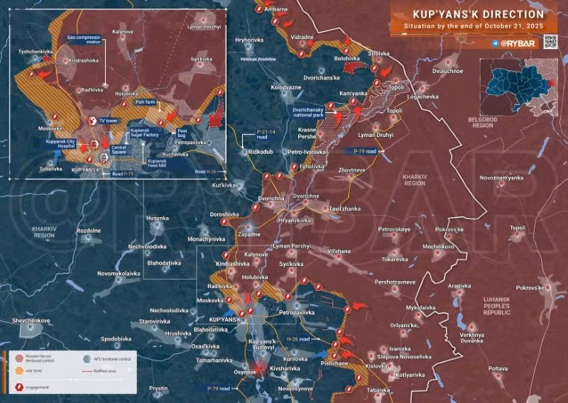 Bản đồ chiến sự Ukraine ngày 21/10/2025, hướng Kupyansk. (Ảnh: Rybar) ban-do-chien-su-2.jpg