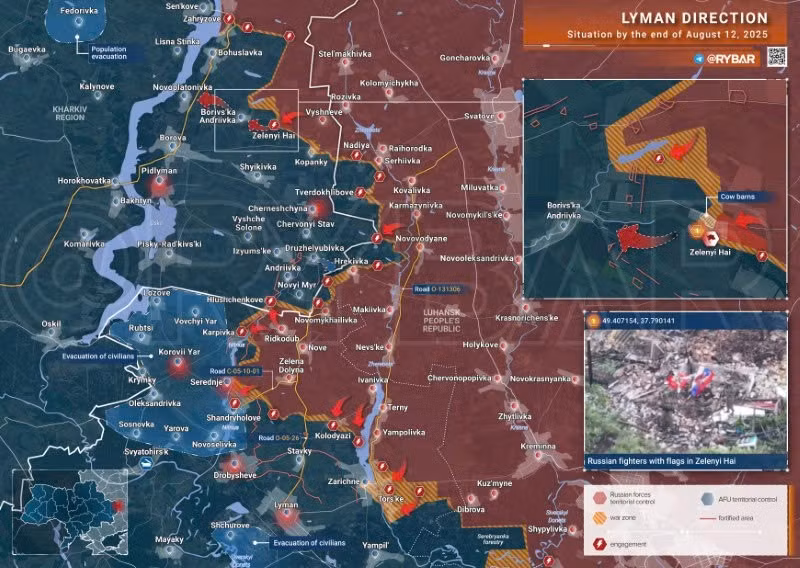 Bản đồ chiến sự Ukraine ngày 12/8/2025, hướng Lyman. (Ảnh: Rybar) ban-do-chien-su-2.jpg