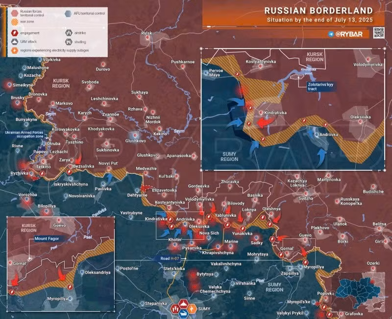 Bản đồ chiến sự Ukraine ngày 13/7/2025, khu vực biên giới Kursk. (Ảnh: Rybar) ban-do-chien-su-2.jpg