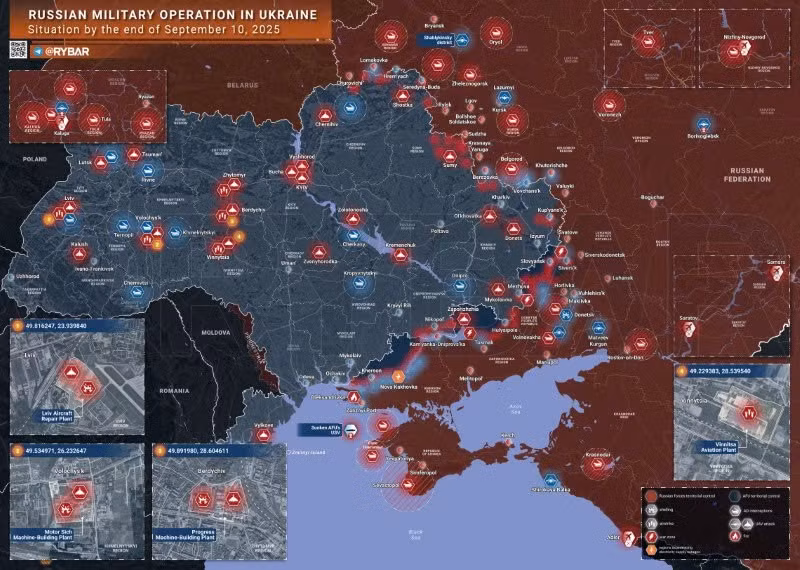 Bản đồ chiến sự Ukraine ngày 10/9/2025. (Ảnh: Ryba) ban-do-chien-su-1.jpg