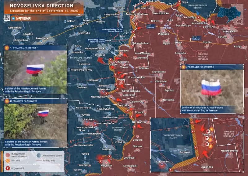 Bản đồ chiến sự Ukraine ngày 12/9/2025, hướng Novoselivka. (Ảnh: Rybar) ban-do-chien-su-2.jpg