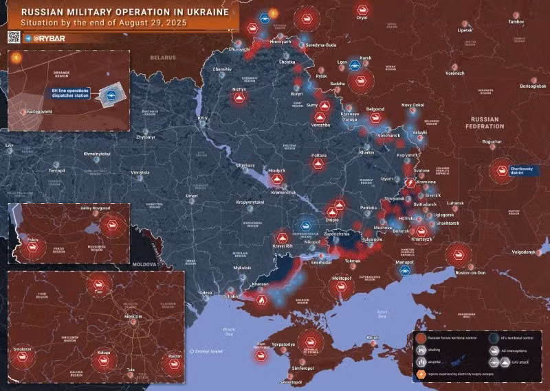 Bản đồ chiến sự Ukraine ngày 29/8/2025. (Ảnh: Rybar) ban-do-chien-su-1.jpg