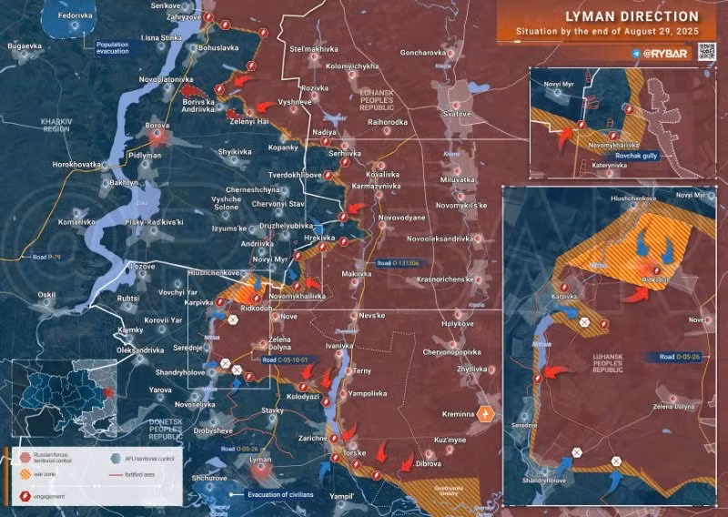 Bản đồ chiến sự Ukraine ngày 29/8/2025, hướng Lyman. (Ảnh: Rybar) ban-do-chien-su-2.jpg
