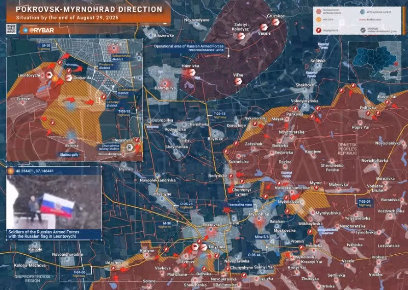 Bản đồ chiến sự Ukraine ngày 29/8/2025, hướng Pokrovsk-Myrnohrad. (Ảnh: Rybar) ban-do-chien-su-3.jpg