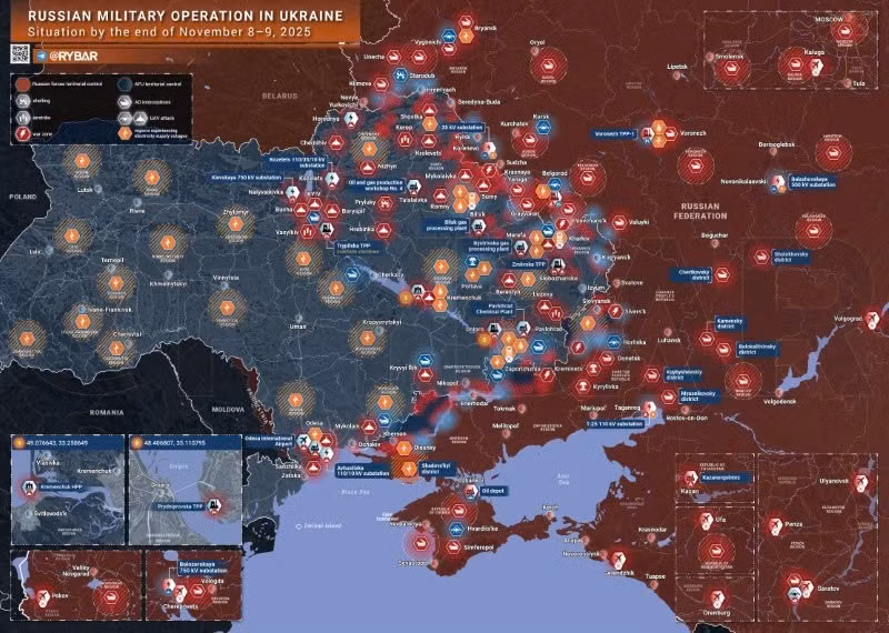 Bản đồ chiến sự Ukraine ngày 9/11/2025. (Ảnh: Rybar) ban-do-chien-su-1.jpg