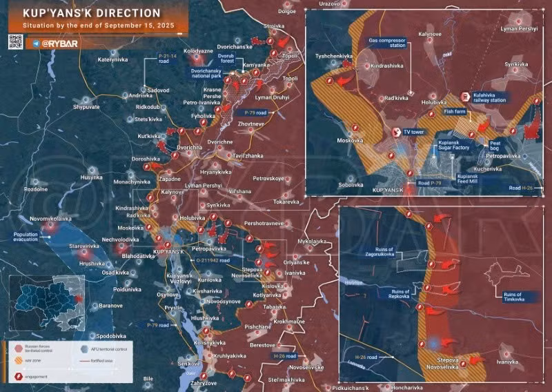 Bản đồ chiến sự Ukraine ngày 15/9/2025, hướng Kupyansk (Ảnh: Rybar) ban-do-chien-su-2.jpg