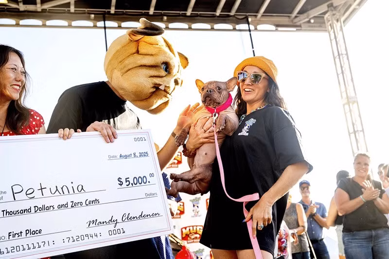 Petunia và chủ nhân Shannon Nyman (bên phải) ăn mừng chiến thắng giải nhất trong cuộc thi Chó xấu nhất thế giới. chum-anh-cuoc-thi-cho-xau-nhat-the-gioi-2025-05.jpg