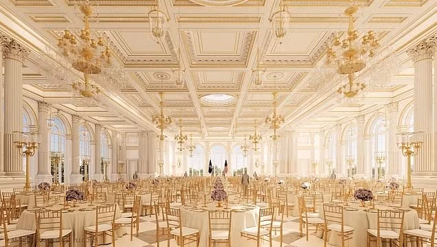 Bản phối cảnh cho thấy thiết kế sang trọng với đèn chùm pha lê, cột mạ vàng và hoa văn mạ vàng, mang âm hưởng tương tự khu nghỉ dưỡng Mar-a-Lago của Tổng thống Trump. ong-trump-pha-canh-dong-nha-trang-de-xay-phong-khieu-vu-xa-xi-6.jpg