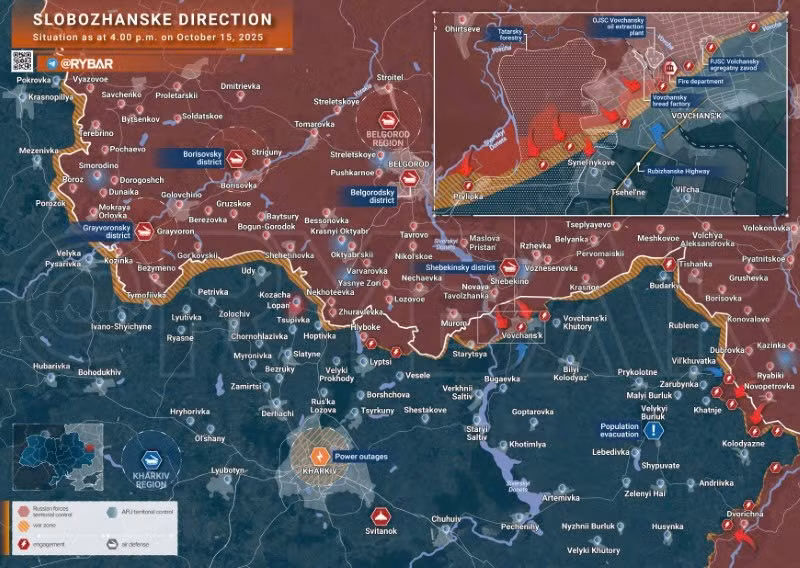 Bản đồ chiến sự Ukraine ngày 15/10/2025, hướng Slobozhanske. (Ảnh: Rybar) ban-do-chien-su-2.jpg