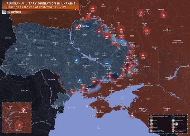 Bản đồ chiến sự Ukraine ngày 11/9/2025. (Ảnh: Rybar) ban-do-chien-su-1.jpg