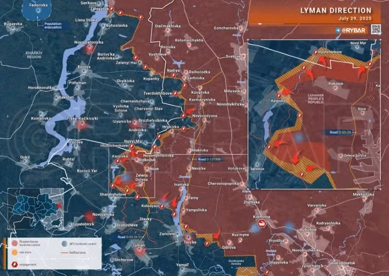 Bản đồ chiến sự Ukraine ngày 29/7/2025, hướng Lyman. (Ảnh: Rybar) ban-do-chien-su-3.jpg