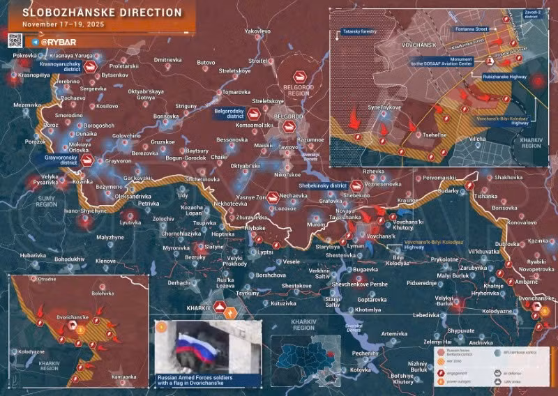 Bản đồ chiến sự Ukraine ngày 19/11/2025, hướng Slobozhanske. (Ảnh: Rybar) ban-do-chien-su-3.jpg