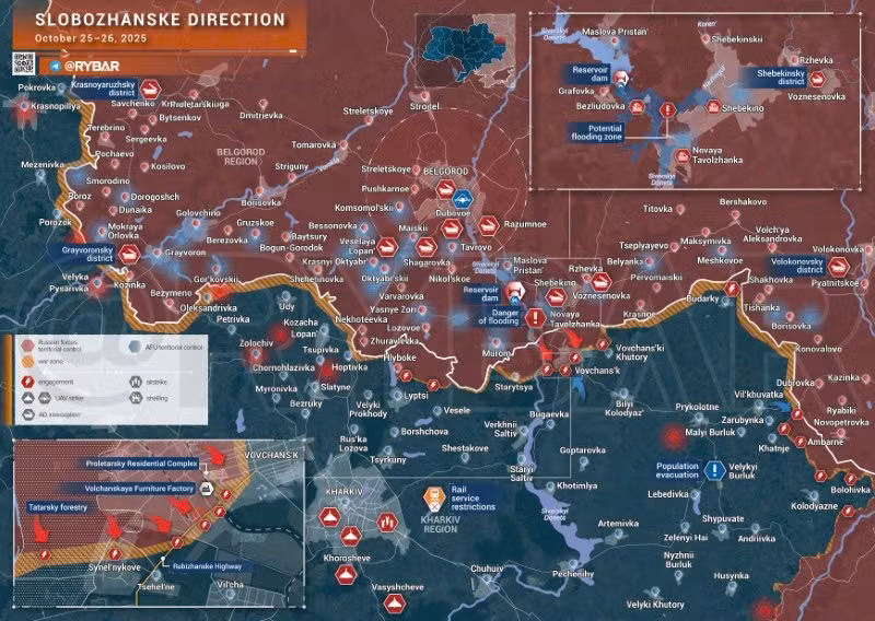 Bản đồ chiến sự Ukraine ngày 26/10/2025, hướng Slobozhanske. (Ảnh: Rybar) ban-do-chien-su-2.jpg