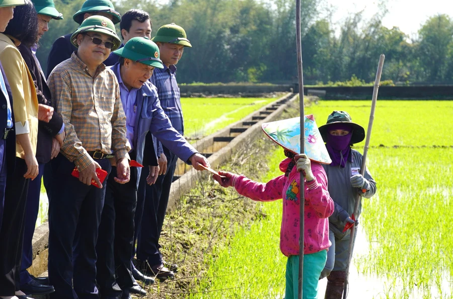 Ông Hà Sỹ Đồng, Quyền Chủ tịch UBND tỉnh Quảng Trị và lãnh đạo Sở NN&PTNT lì xì cho nông dân.